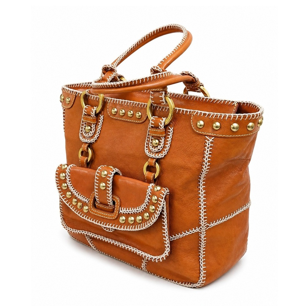 Isabella Fiore Leather Patchwork Studded Boho Bag Y2K Whipstitch Tote Tan Gold